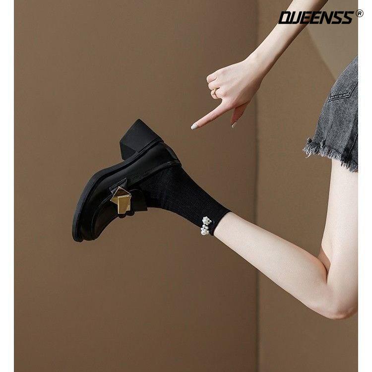 Giày Da Mũi Tròn Đế Dày Phối Kim Loại Thời Trang Retro Hàn Quốc 2022 Dành Cho Nữ