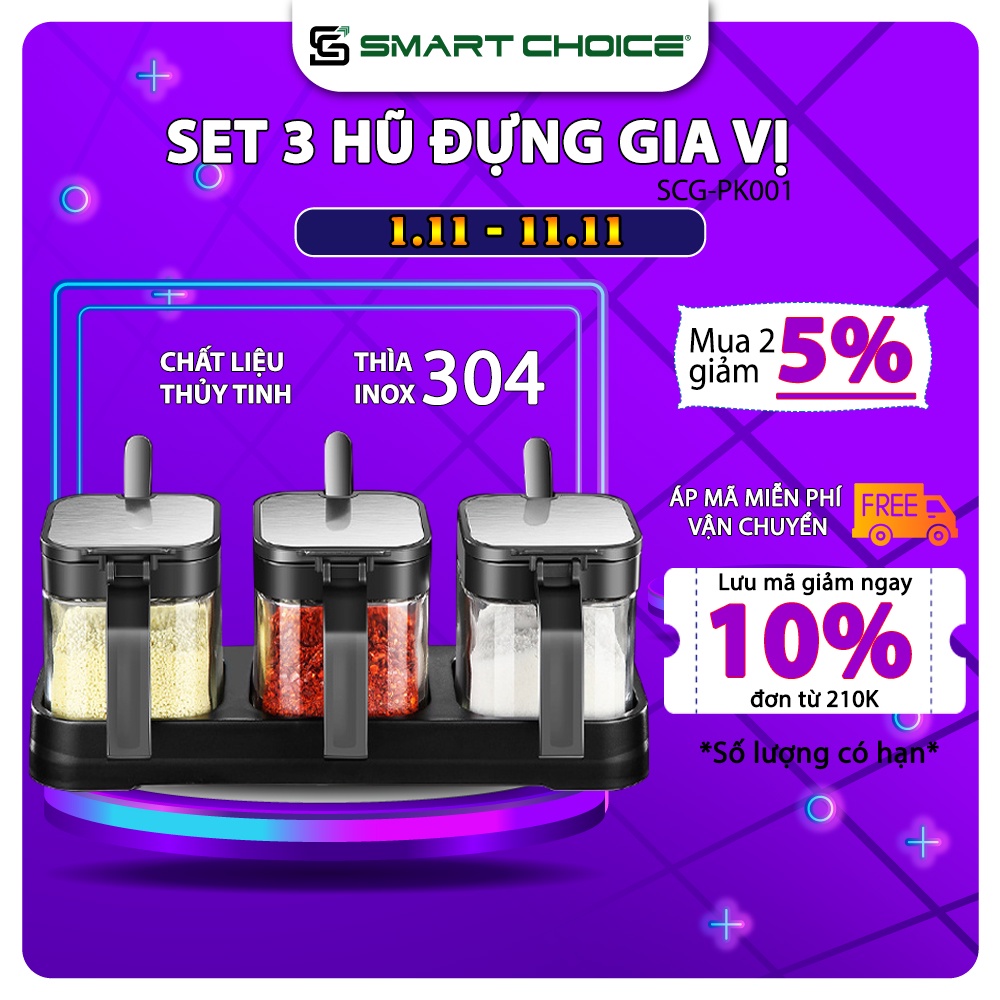 Lọ đựng gia vị thủy tinh SMARTCHOICE SCG-PK001 có thìa kèm khay cao cấp, Combo 3 hũ đựng dày dặn nắp bật inox 304