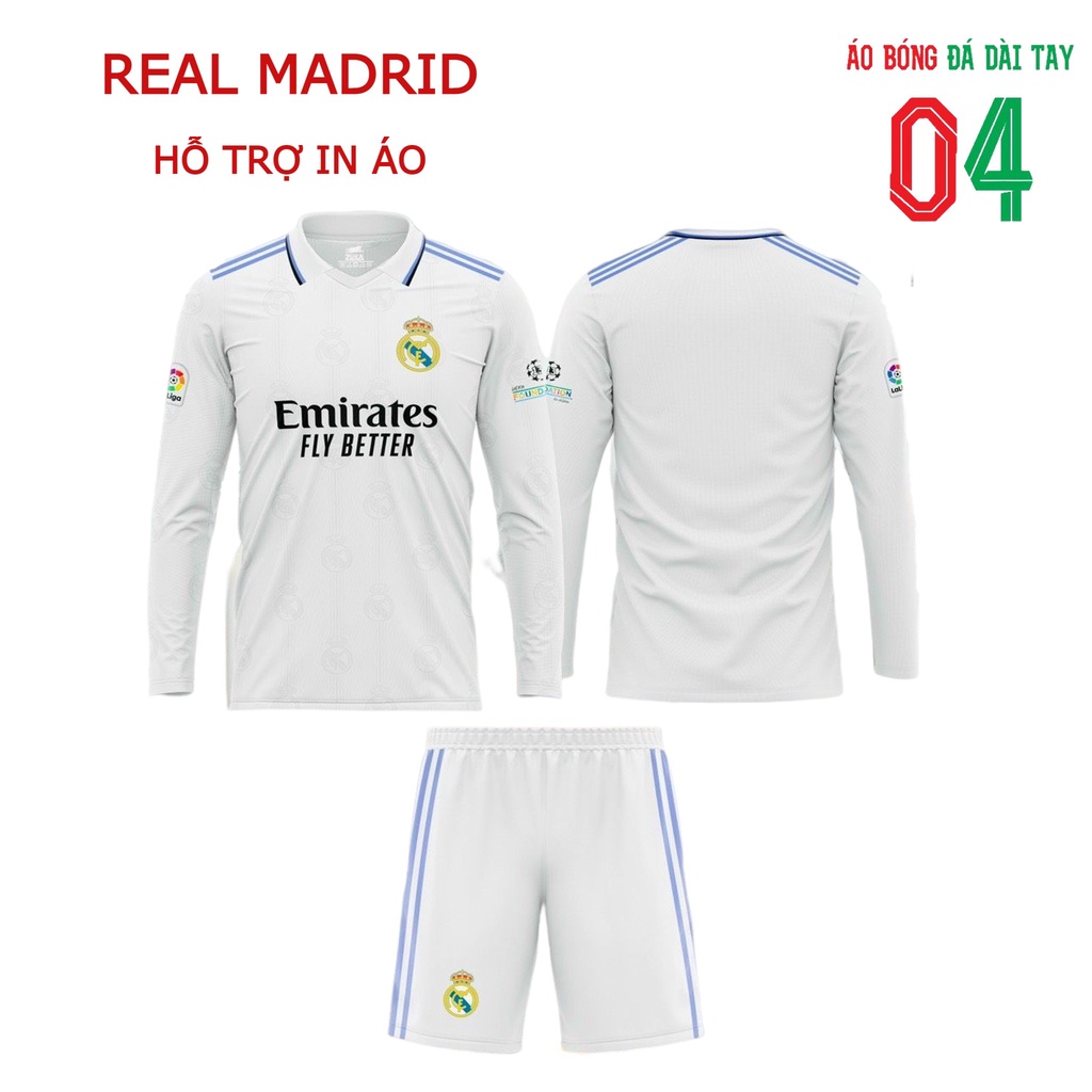 Bộ quần áo bóng đá Dài tay Thun thái CLB Real Madrid trắng cổ bẻ
