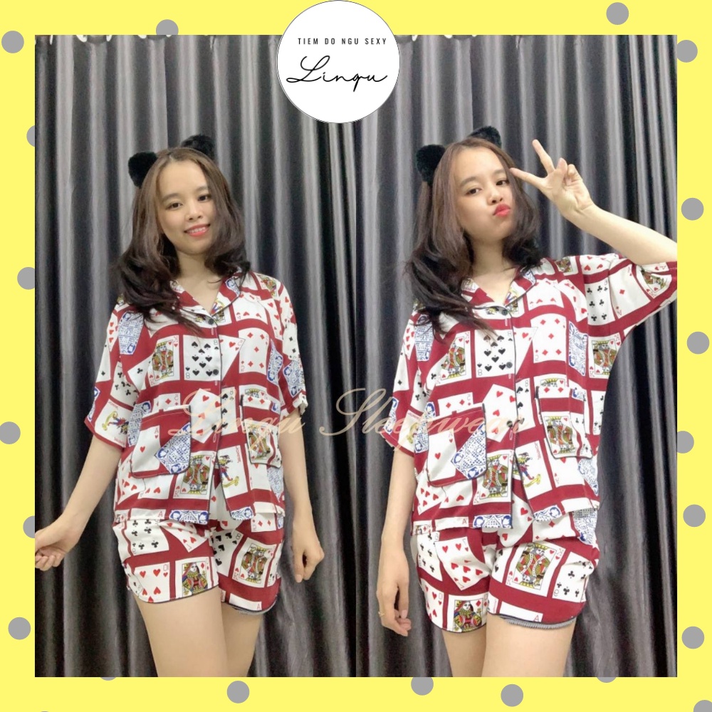 Đồ bộ pijama in lá bài bộ ngủ nữ cánh dơi quần đùi mặc tết 2023 siêu hot freesize dưới 57kg- linqu sleepwear