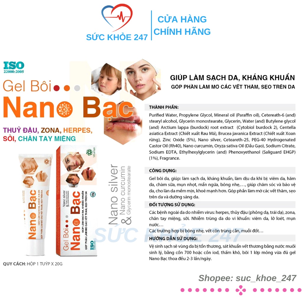 Gel Bôi Nano Bạc Tuýp 20G - Giúp Làm Sạch Da, Kháng Khuẩn Góp Phần Làm Mờ Các Vết Thâm, Sẹo Trên Da