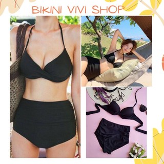 Đồ bơi đi biển, bikini 2 mảnh ngực chéo xoắn cạp cao màu đen
