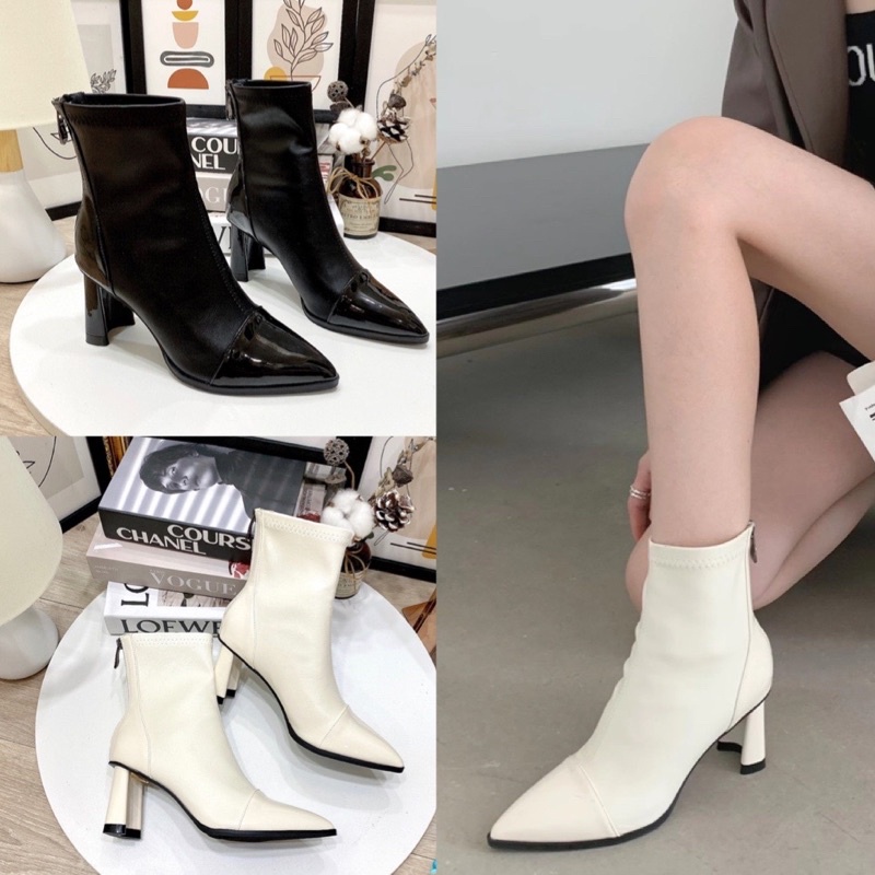 giày bốt nữ mũi nhọn vá gót 7cm boots da mềm fullbox
