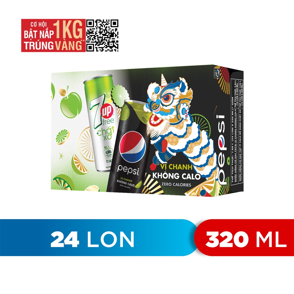 Thùng 24 Lon Mix 2 Vị Pepsi Vị Chanh Không Calo và 7Up Chất Xơ Ít Calo