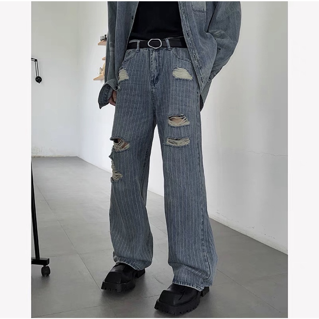 Quần Jeans Ống Rộng Kiểu Rách Sọc Dọc LJIN Q0885 Chất Dày Dặn Cá Tính Bụi Bặm