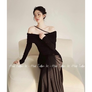 Đầm dáng xoè trễ vai dây chéo chất nhúng kim cương