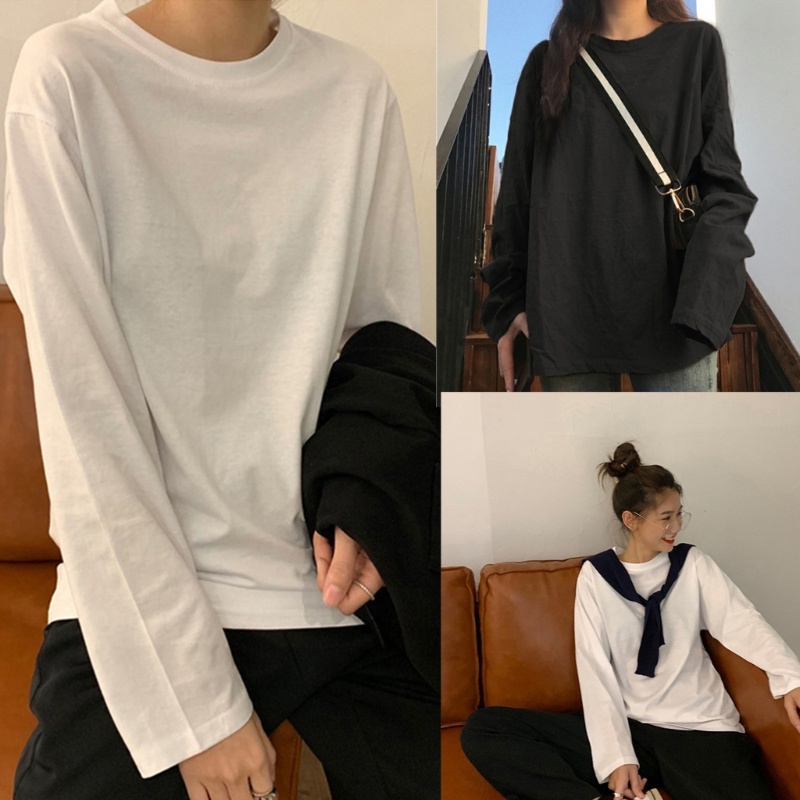 Áo Thun Tay Dài Cổ Tròn Màu Sắc Đơn Giản Phong Cách Hàn Quốc