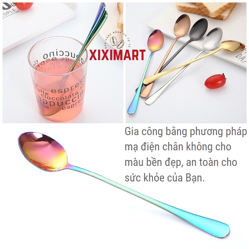 Muỗng bằng thép không gỉ sang trọng, thìa cafe cán dài màu xinh xắn phong cách Hàn Quốc