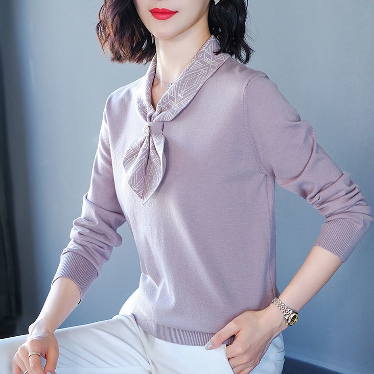 Áo Sweater Dệt Kim Mỏng Dáng Rộng Phối Khăn Quàng Cổ Thời Trang Xuân Thu 2022 Mới Cho Nữ Trung Niên