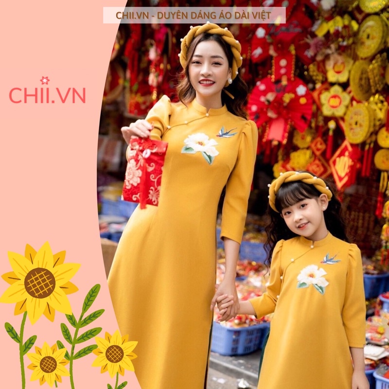 Áo Dài Cách Tân Cho Mẹ Và Bé Én Xuân 2 Màu Vàng, Đỏ - Áo Dài Tết Cao Cấp