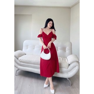 (Sẳn-ảnh thật) Đầm Midi Nút Bọc 0490