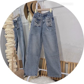 Quần jeans suông túi rách kiểu cạp cao phom dài dáng basic