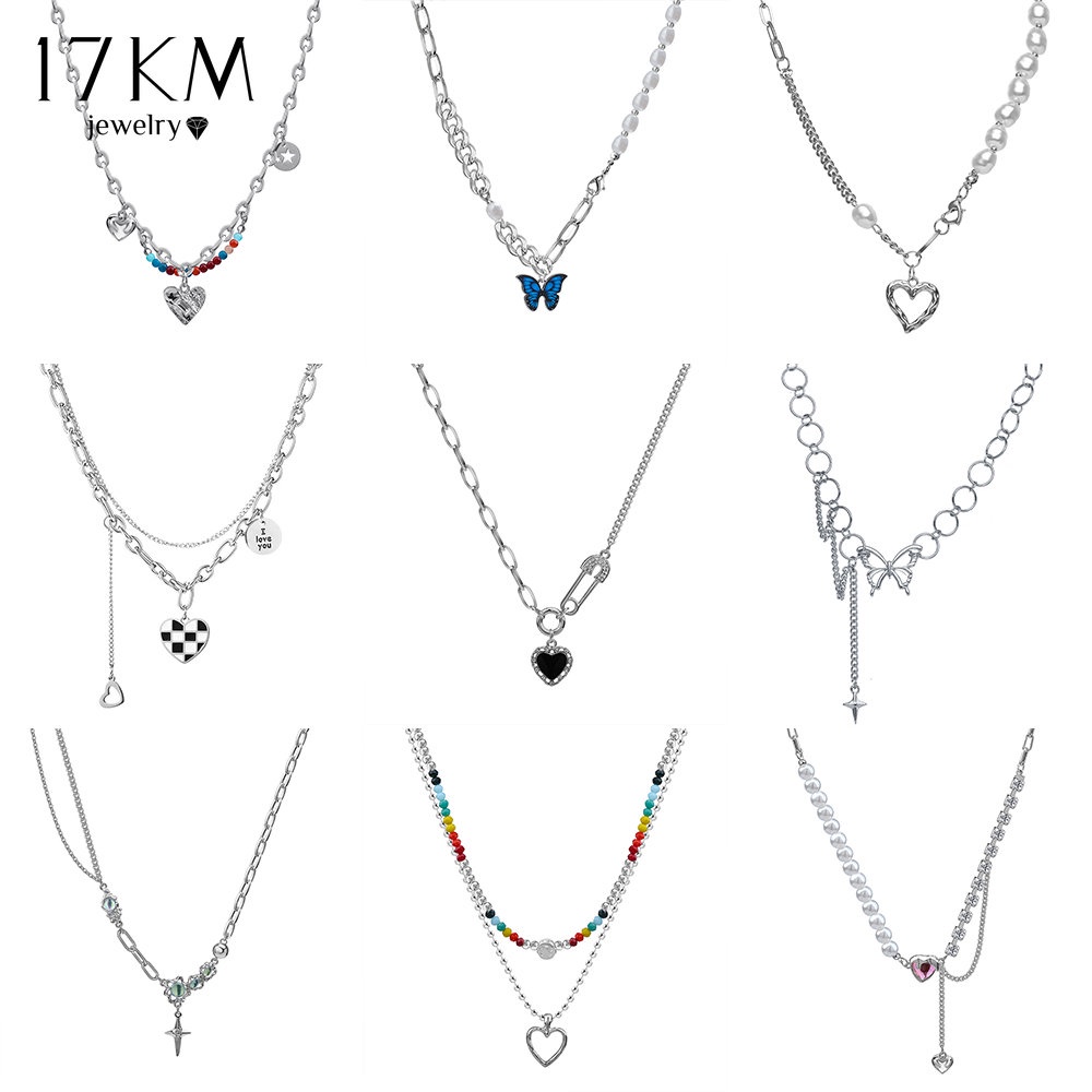 Vòng cổ 17KM Y2K mạ bạc mặt trái tim đính đá pha lê thời trang cho nữ nhiều kiểu dáng lựa chọn