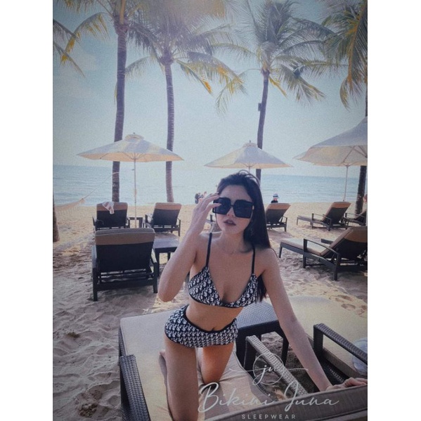 Set bikini bộ bơi đồ bơi nữ 3 món kèm khăn voan họa tiết d.ior siêu sang EVA 2MDO