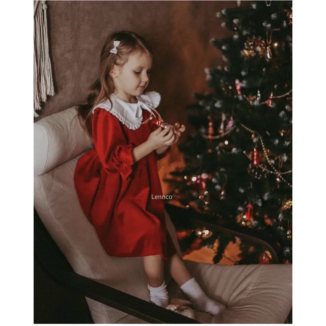 Váy nhung đỏ cổ trắng Lennco cho bé gái