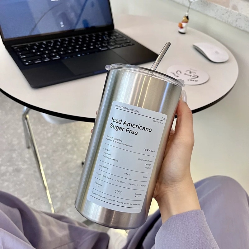 Cốc Uống Cà Phê Bằng Thép Không Gỉ Có Ống Hút Dung Tích 600ml
