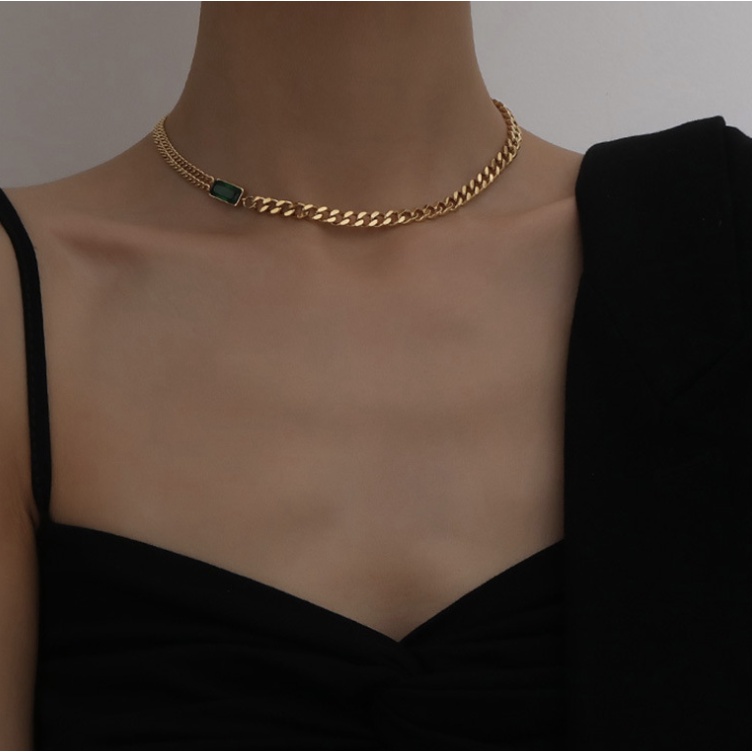 Vòng cổ vòng tay dây chuyền choker nữ xích mạ vàng hợp kim titan đính đá xanh lá sát cổ siêu cá tính sang chảnh Boho