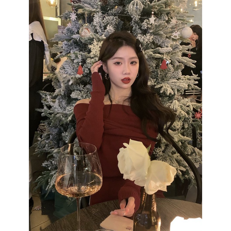 Đầm Giáng Sinh Tay Dài Hở Vai Plus Size Cho Nữ