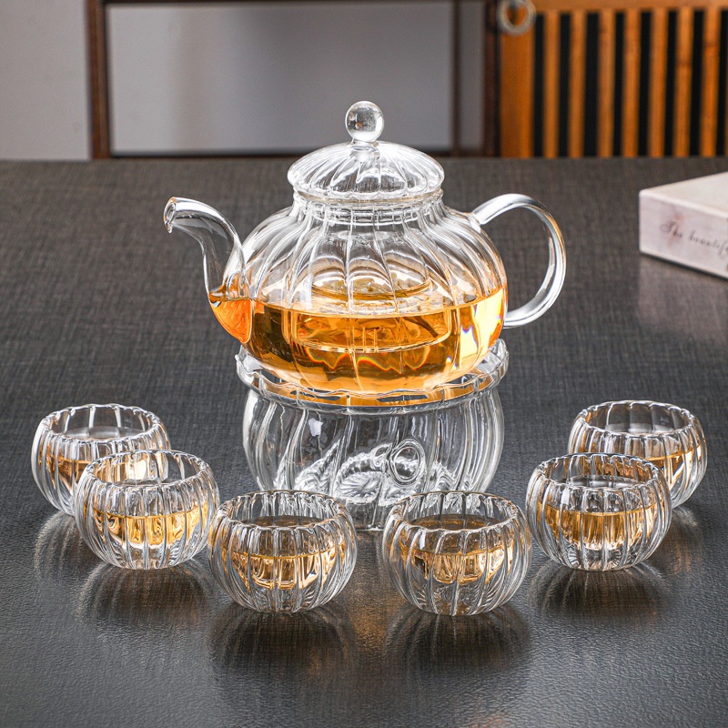 Bộ ấm chén uống trà chất liệu thuỷ tinh chịu nhiệt cao cấp-Ấm pha trà thuỷ tinh 600ml có lõi lọc gồm 1 ấm 6 chén và đế