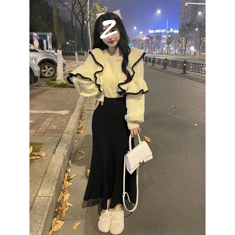 Áo len dài tay, Áo sweater tay phồng phối bèo nhún phong cách Hàn Quốc Phù hợp thu đông 2022