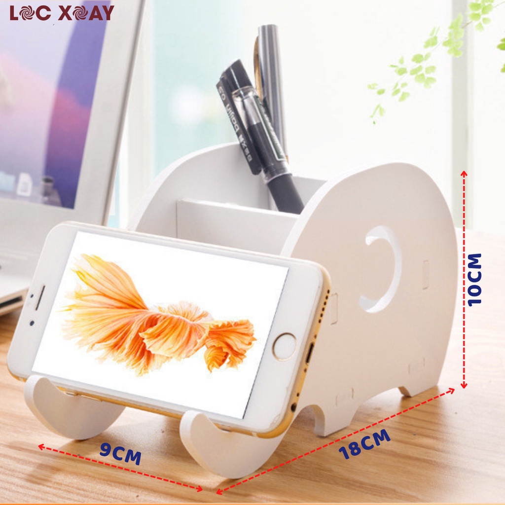 Hộp Bút Để Bàn Kiêm Giá Để Điện Thoại Đa Năng Lắp Ghép Đơn Giản Chất Liệu Gỗ Nhựa An Toàn Hình Chú Voi Cute_Lốc Xoáy