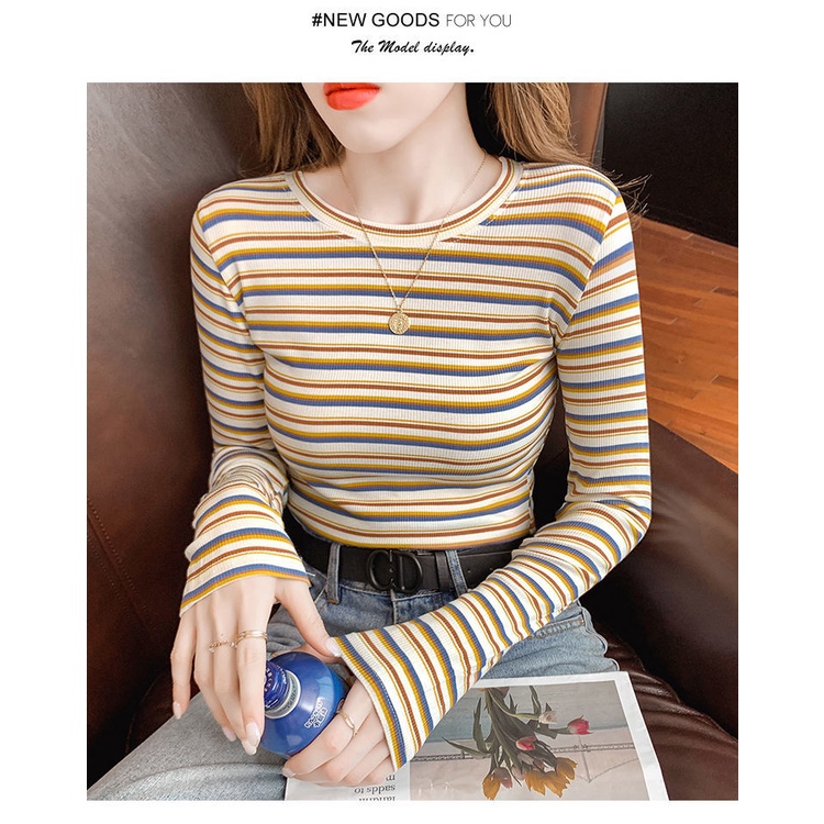 Áo Thun Tay Dài Dáng Ôm Họa Tiết Kẻ Sọc Màu Sắc Tương Phản Thời Trang Xuân Thu  Có Size Lớn Cho Nữ