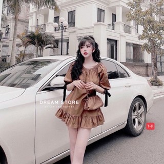 Váy dáng suông đuôi cá phối tay bồng, mặc trễ vai hoặc không trễ, hàng MPB, kèm ảnh thật