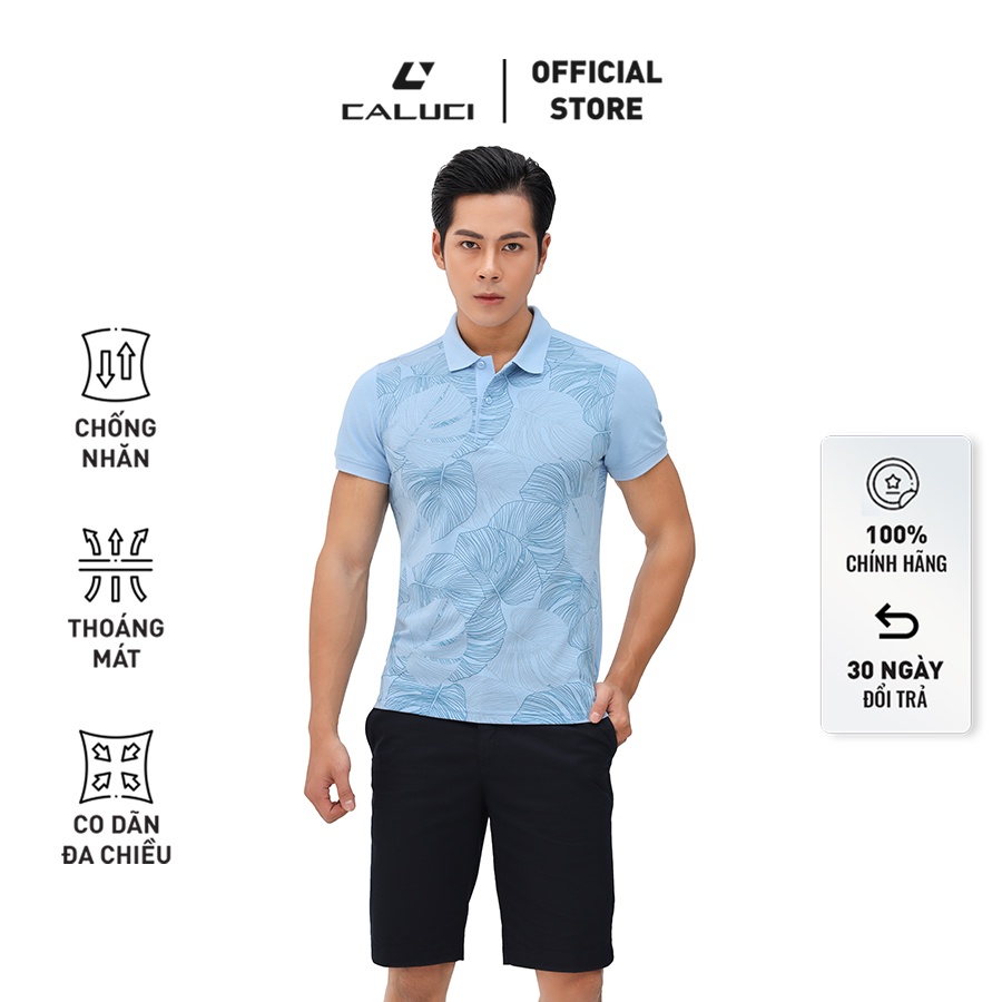 Áo polo nam CALUCI cộc tay, phom slimfit ôm vừa vặn họa tiết in lá cây nhiệt đới đậm chất thiên nhiên MCPS1018S