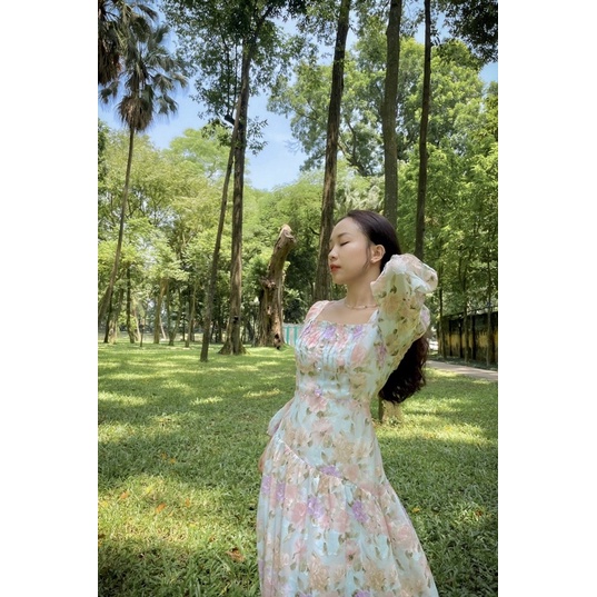 Váy hoa dáng dài, cổ vuông, tay lỡ, chất voan hoa nổi, đi làm, đi chơi, VA014