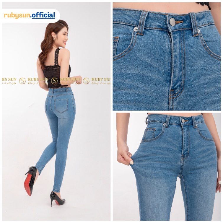 Quần Jean Nữ RUBY SUN Lưng Cao Skinny Tôn Dáng Co Giãn 4 chiều chất Jean Cotton Màu xanh