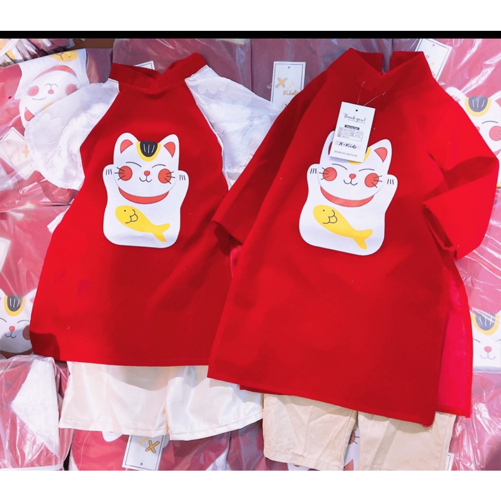 Bộ áo dài đôi cách tân mèo thần tài cho bé trai bé gái 10-20kg