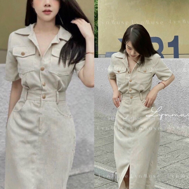 Váy nhung tăm xẻ trước cúc đồng thắt đai