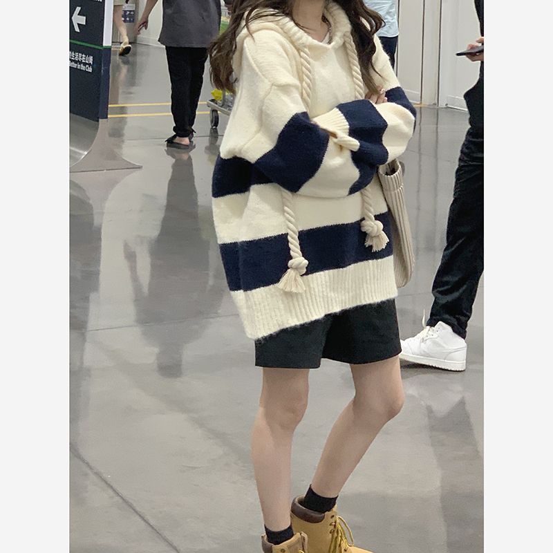 Áo Khoác Sweater Có Mũ Trùm Dáng Rộng In Họa Tiết Kẻ Sọc Kiểu Retro Thời Trang Thu Đông 2022 Mới
