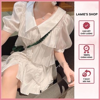 Đầm babydoll xếp tầng tay phồng cổ sơ mi tiểu thư