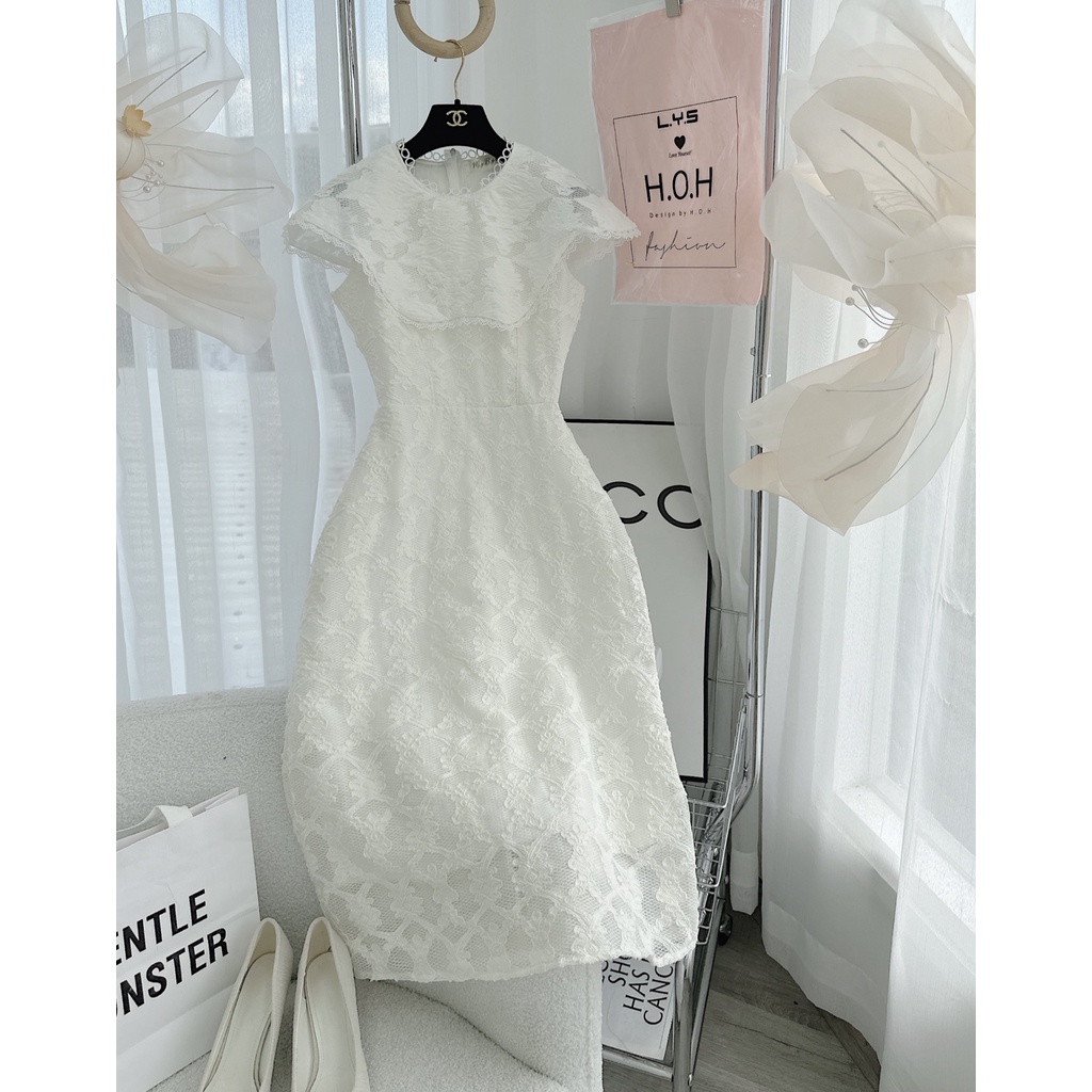 ĐẦM MIDI TRẮNG REN HOA TAY TIÊN CỔ BÈO