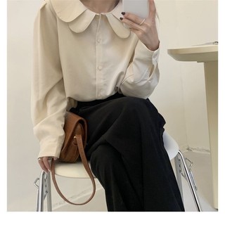 Áo sơ mi trơn cổ sen chất thô lụa màu be/trắng