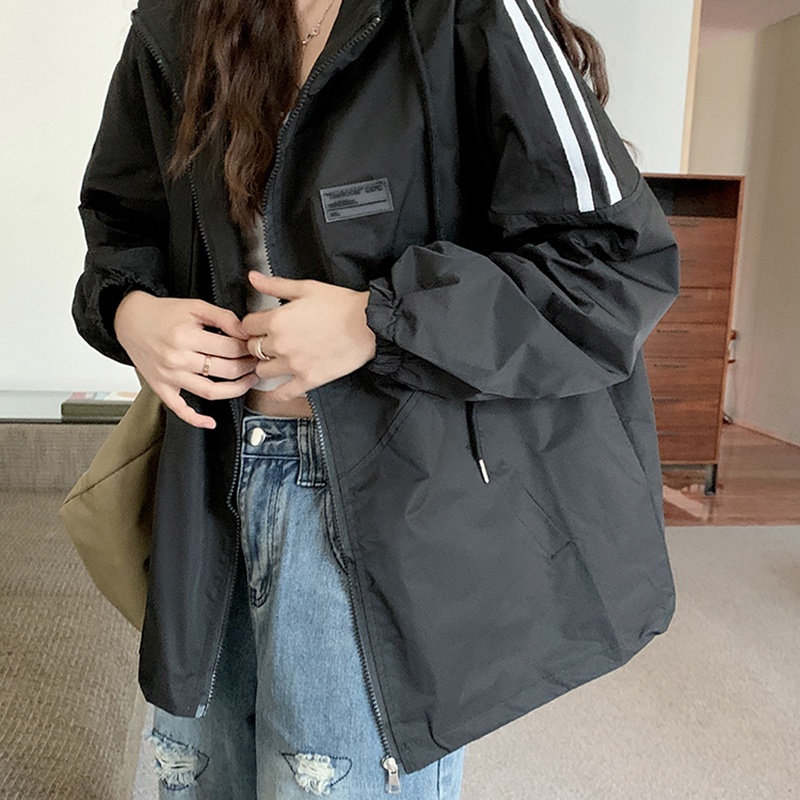 IELGY  Áo Khoác Tay Dài Có Nón Dáng Rộng Màu Sắc Tương Phản Phong Cách Hàn Quốc Cho Nữ