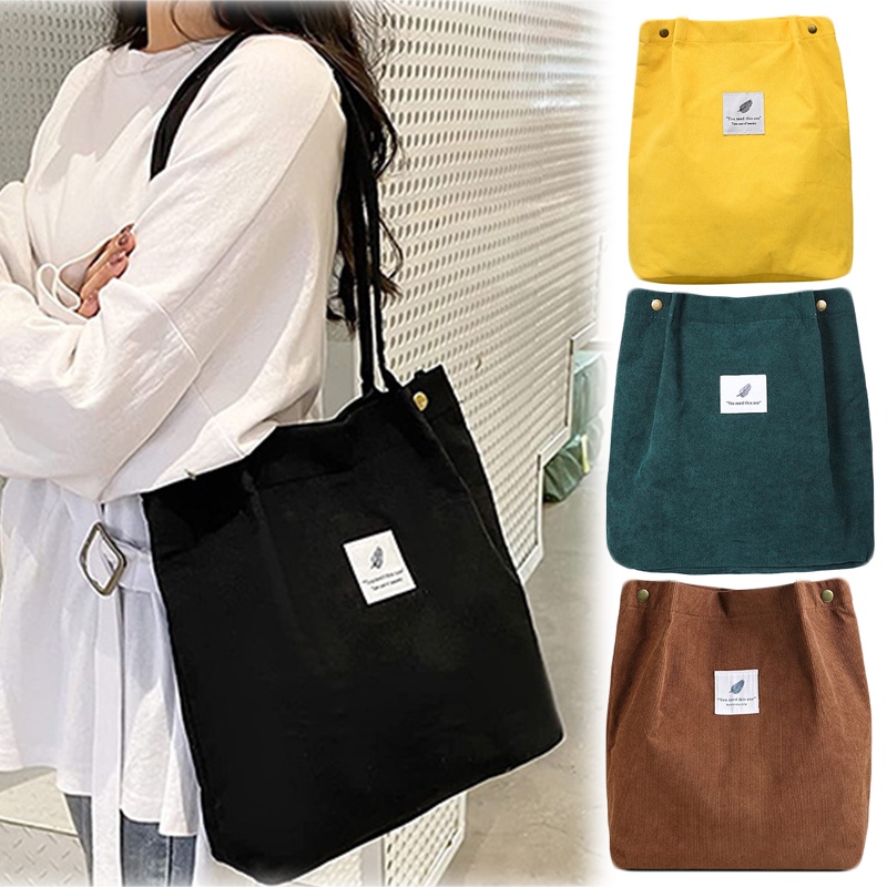 Túi Xách Tay / Đeo Vai Bằng Vải Nhung Kẻ Màu Trơn Sức Chứa Lớn Có Thể Tái Sử Dụng Thời Trang Cho Nữ