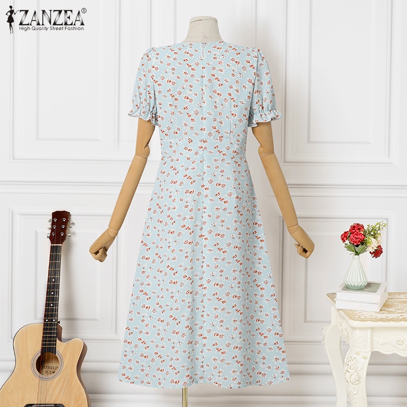 Đầm midi ZANZEA tay ngắn phồng cổ chữ V in họa tiết hoa thời trang dành cho nữ