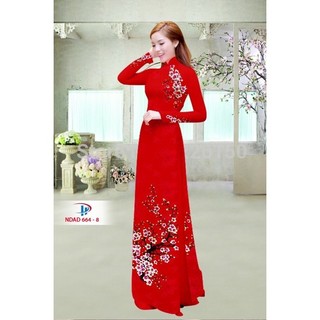 Áo dài hoa đào màu đỏ-Hàng may sẵn- Cổ thuyền tay lỡ ảnh thật 100%