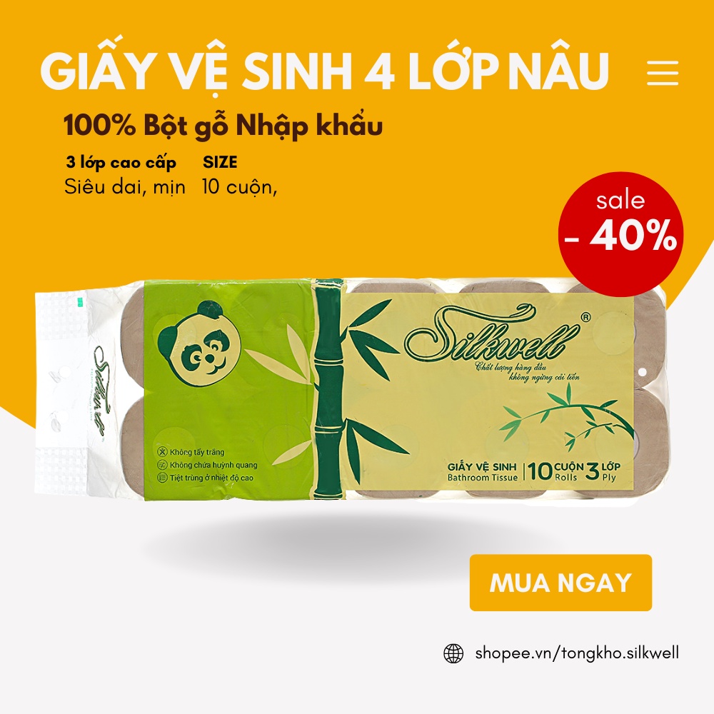 Giấy vệ sinh gấu trúc Silkwell 10 cuộn 3 lớp có lõi, giấy vệ sinh không tẩy trắng, an toàn hàng chính hãng
