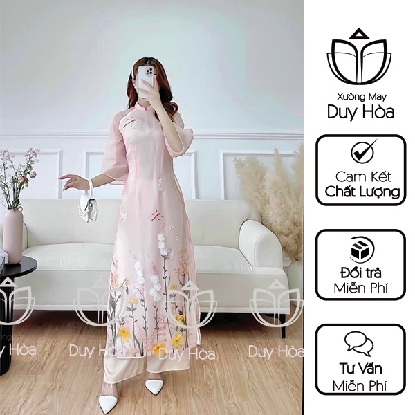 Áo dài cách tân 4 tà hồng nhạt tiểu thư sang chảnh duyên dáng thướt tha -CT008