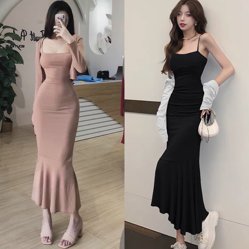 Set Đầm Maxi Body Dây Đuôi Cá Xoè Kèm Áo Khoác Cadigan Hình thật cuối