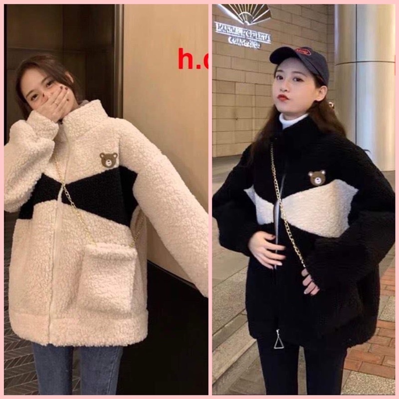 Áo Khoác Lông Gấu kèm Túi Ulzzang Dạo Phố Phong Cách Cổ Cao Thời Trang Mùa ĐôngSweater Kéo Khoá Unisex Hàn Quốc