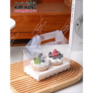 Set 10 túi mica quai xách + đế giấy 2 cup đựng bánh cupcake, đựng ly bánh lạnh ,......