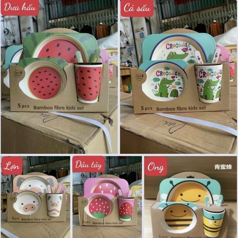 Set Khay Ăn Dặm 5 Chi Tiết Chất Liệu Sợi Tre An Toàn Cho Bé