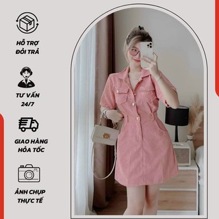Đầm sơ mi dáng suông tay ngắn có túi chất tăm nhung dày dặn - 1108