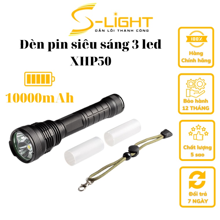 Đèn pin chiếu sáng siêu sáng 3 led XHP50 xài 2 pin 26650 5000mAh siêu khủng