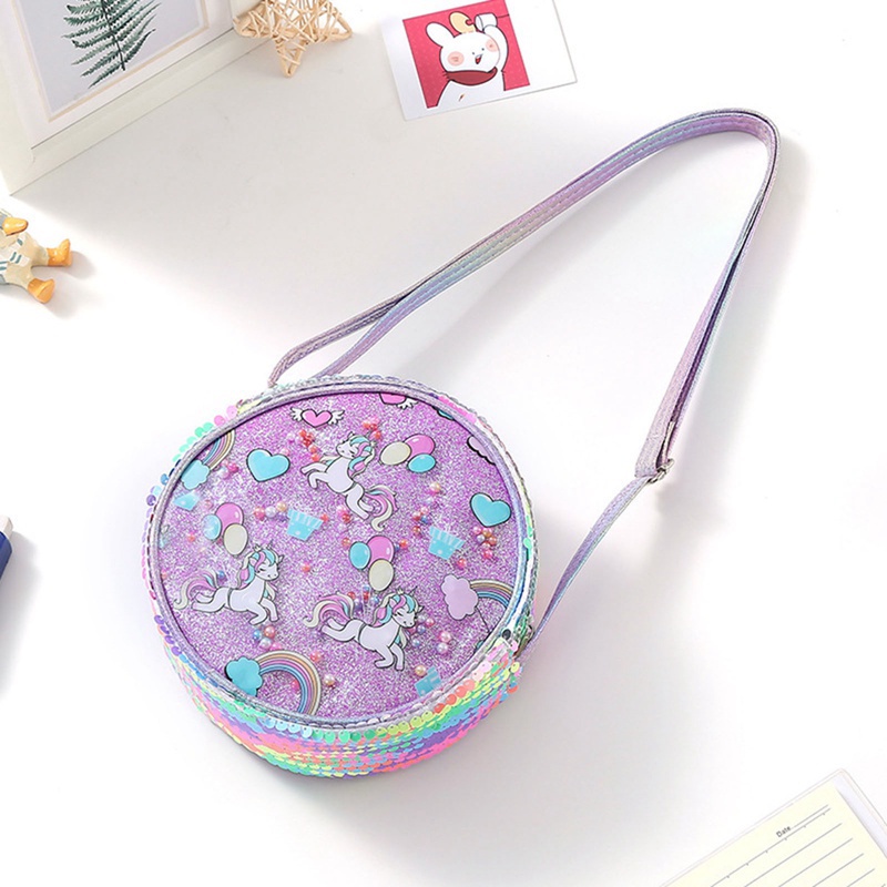 Túi Xách Đeo Vai Hình Tròn Màu Cầu Vồng Họa Tiết Kỳ Lân Lấp Lánh Dễ Thương Cho Bé Gái