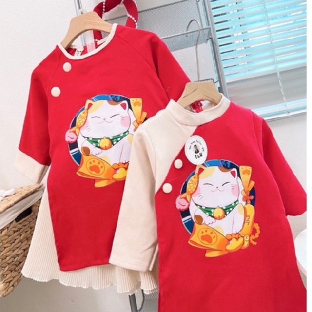 set Áo Dài Nhung thêu hình Mèo Thần Tài đón tết may mắn cho bé yêu